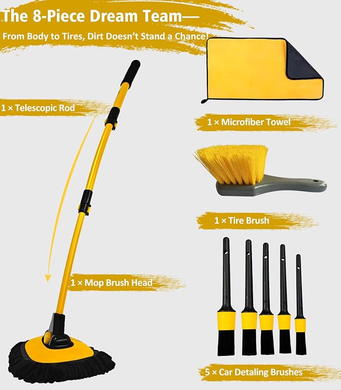 YeewayVeh Car Wash Kit, Extendable Brush Mop, Long Handle, Ginger | 5Pcs Detailing Brush, Rim Cleaner Brush & Microfiber Towel, Complete Car Cleaning Supplies