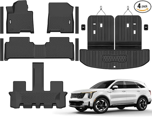 Floor Mats & Trunk Mat with Backrest Mat for 2021-2026 Kia Sorento Hybrid | All Weather TPE Rubber Cargo Liner Back Seat Cover 3rd Row for 2026 Sorento hybrid 6&7 Seats Accessories(Not for fuel)