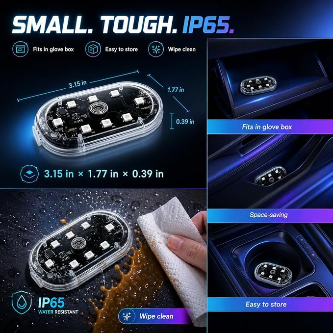 Magnetic LED Interior Car Lights, 8 Colors RGB Wireless Ambient Nightlight | USB Rechargeable Strobe Lighting with Remote & Touch Control, Vehicle Decor for Footwell Door Dash Glove Box – Car Truck SUV