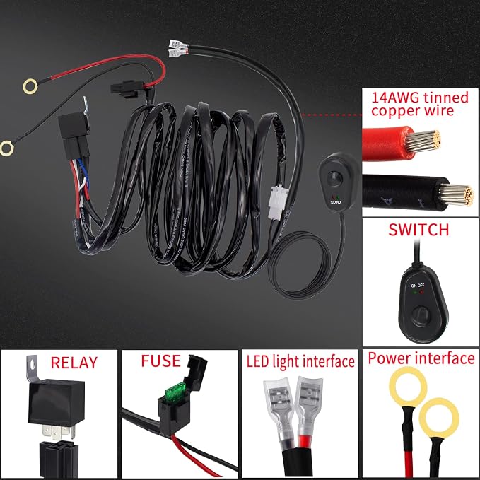 LED Lights Bar Wiring Harness Kit 1 Lead DC12V On-Off Switch Power Relay Blade Fuse 14AWG Core Cable Wiring Harness Kit fit for LED Driving Lights Bar