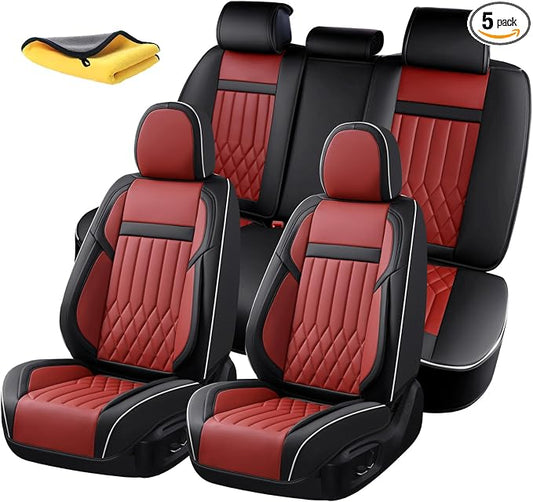 5-Seater Waterproof and Breathable Nappa Leather Car Seat Covers Full Set, Fit for Front and Rear Seats of Cars, Compatible with Airbags, Car Seat Protector Covers for Most Cars - Black Red