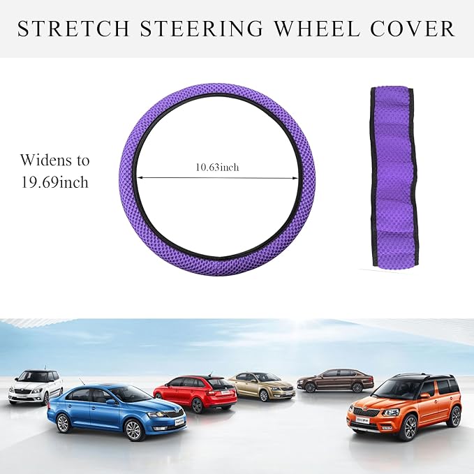 Yourkar Elastic Steering Wheel Cover, 15"×15" Comfy Breathable Stretch Steering Wheel Protector, Ice-Silk Cloth Polyester Steering Wheel Cover for Men Women, Car Accessories (Purple)
