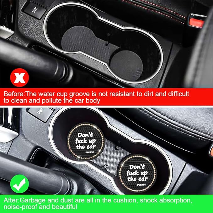 2 Pack Bling Car Coasters for Cup Holder, Crystal Rhinestone 2.75 in Cup Holder Coaster, Silicone Anti-Slip Insert Cup Mats for Women, Interior Accessories Universal for Most Cars (Black/White)