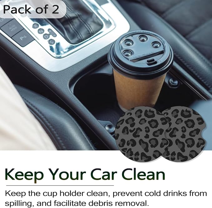Car Coasters for Cup Holders - Black Leopard | 2 Pack Non-Slip Universal Rubber Car Cup Coaster for Women Men, Car Interior Accessories