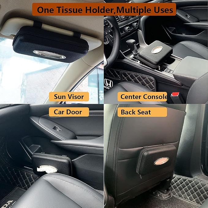 Sun Visor Tissue Holder, Zipper Napkin Holder, PU Leather Backseat Tissue Case for Car, Vehicle (Black)