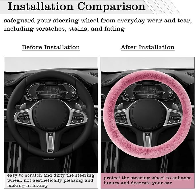 Furry Warm Steering Wheel Cover, Universal 14.5-15 Inch Winter Plush Warm Steering Wheel Cover, Soft Fluffy, Anti-Slip Design, Soft Texture (Pink)