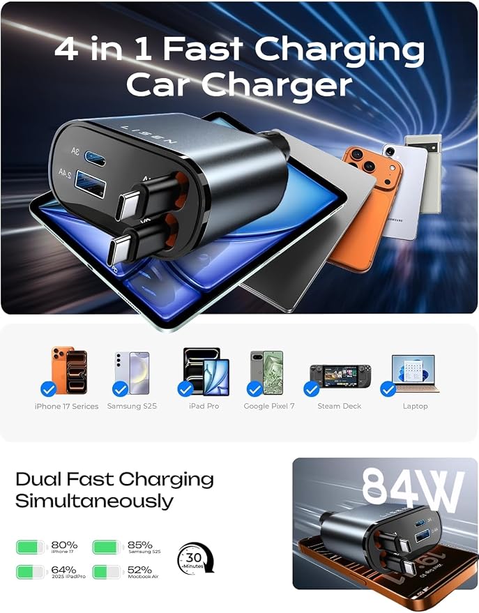 LISEN Retractable Car Charger, Duanl C Retractable Car Chagrer 84W Car Charger USB C Fast Charger Adapter, Car Accessories for Men Women, for iPhone 17 16 15 14 13 12 Pro Max, Grey