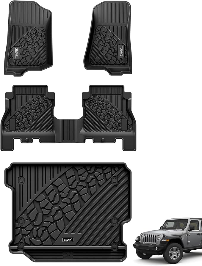 3W Floor Mats&Cargo Liner Fit for Jeep Wrangler JL 2018-2025 2026 Unlimited 4-Door Sahara Willys Rubicon Without Subwoofer (Non JK or 4XE) All-Weather TPE Floor Liner and Trunk Full Set Car Mats