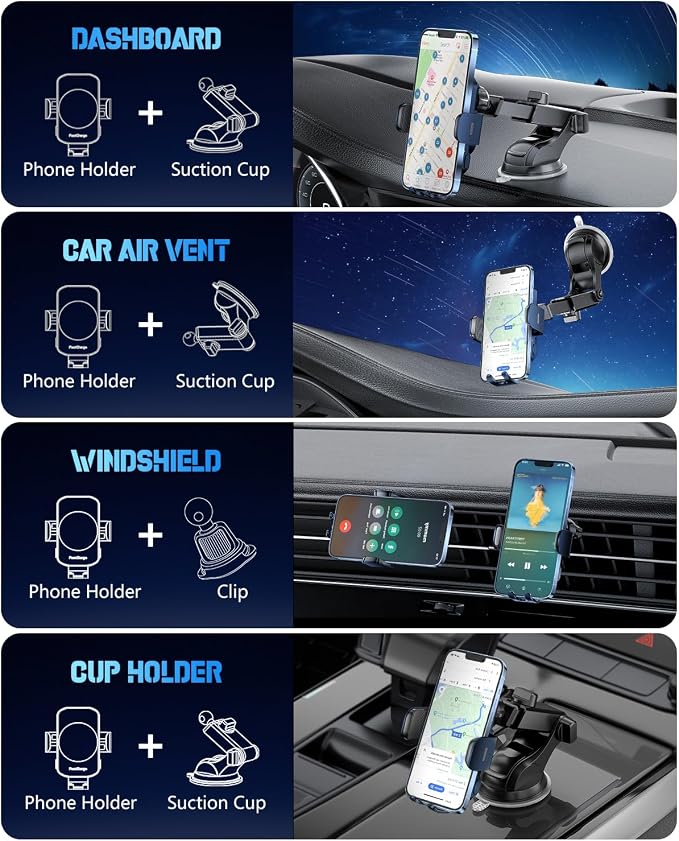 BothLin 3-in-1 Wireless Car Charger Mount, 15W Fast Charging Auto-Clamping Phone Holder for iPhone 17 16 15 14, Samsung Galaxy S24 S23, Dashboard, Vent & Windshield Car Mount(Deep Blue)