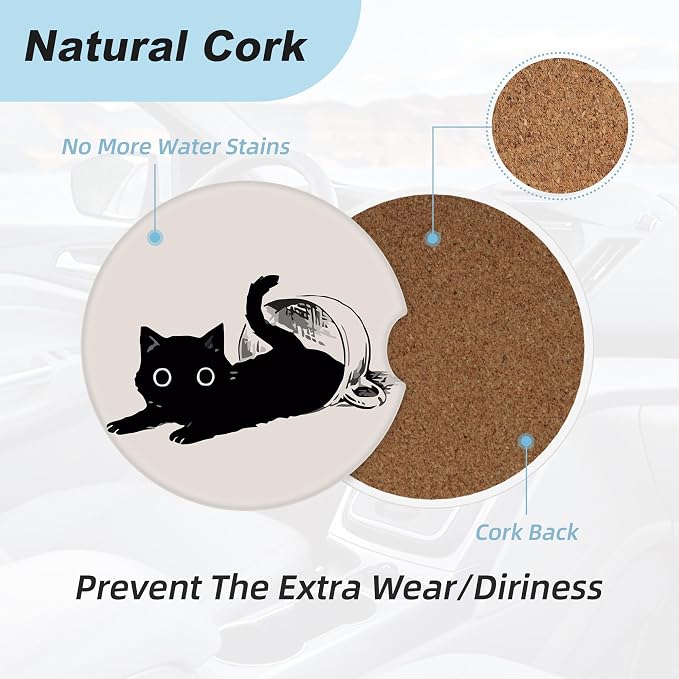 Cute Black Cat Car Coasters for Cup Holders,2 Pack Car Cup Holder Coasters for Car,Ceramic Absorbent Car Coaster with A Finger Notch and Cork Base,Car Interior Accessories for Women Men