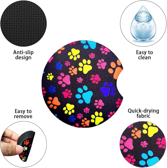 Osilly Car Coasters for Drinks, 2PCS Absorbent Cats Footprints Cup Holders for Women/Men, 2.75 Inch Removable Cup Holder Insert Coaster for Drinks, Car Interior Accessories for Most Cars