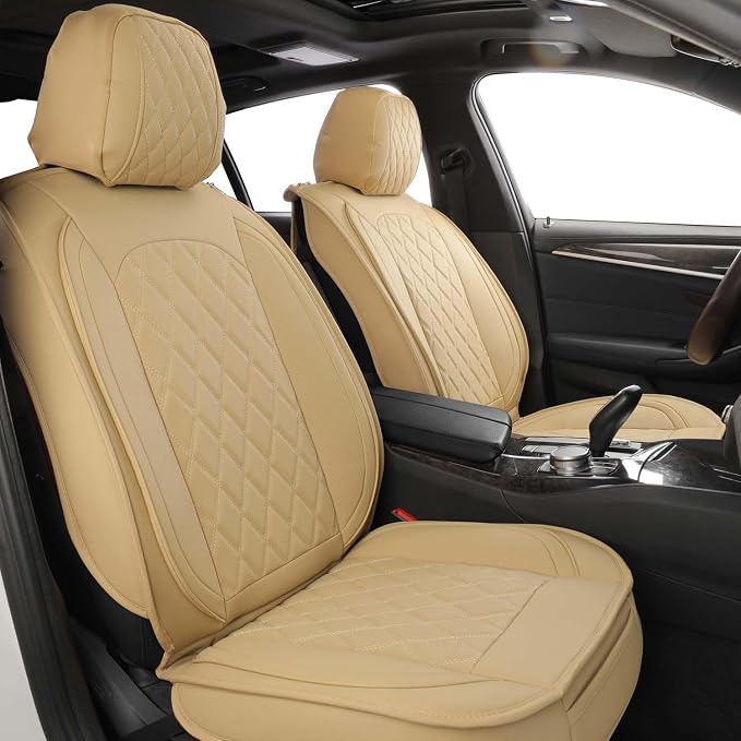 MIROZO Seat Covers Full Set, Leather Car Seat Cover Breathable Seat Protector Waterproof Automotive Seat Covers Non Slip Front & Rear Seat Cushion Universal for Most Sedan Truck,SUV (Beige)