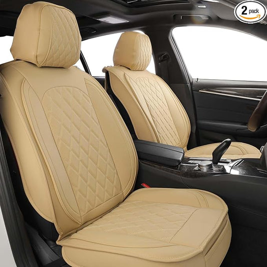 MIROZO Front Seat Covers,Leather Car Seat Covers Breathable Automotive Seat Covers Car Seat Protector Vehicle Seat Cushion for Sedan, Truck and SUV (2PCS Front, Beige)