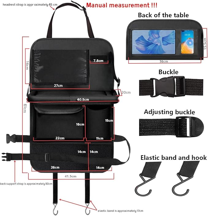 TCJJ Car Seat Organiser, Backseat Car Organizer for Kids, Car Backseat Seat Kick Protector With Tray and Touch Screen Tablet Storage Pockets Black/2 Pack