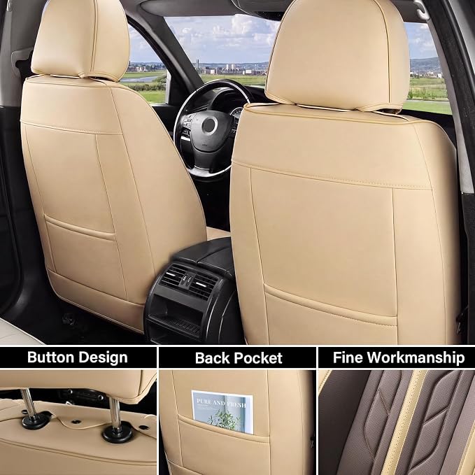 Coverado Car Seat Covers Full Set, Automotive Seat Covers Car Seat Protector Car Seat Cushion, Waterproof Leather Seat Covers for Cars, Universal Fit for Most Sedans SUV Pick-up Truck(Beige&Coffee)