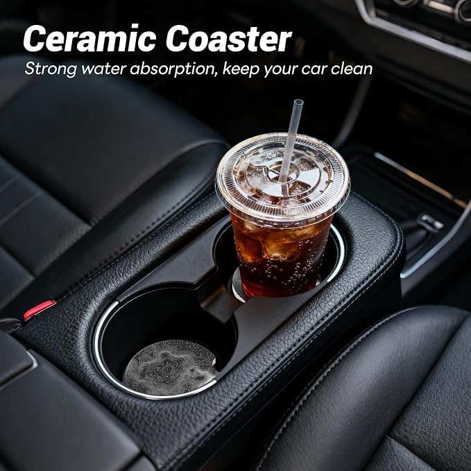 2 Pack Ceramic Car Coasters for Cup Holder, 2.56 in Anti Slip Absorbent Coaster with Cork Base and Finger Notch, Funny Cute Car Accessories for Women, Topographic Map