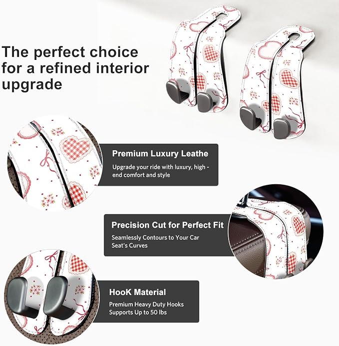 CoBak Purse Hook for Car - Universal Premium Stitched Leather and Aluminum-Magnesium Alloy Double Car Seat Back Storage Hook for Purses, Handbags, Bags (2 Pack),Heart Thread