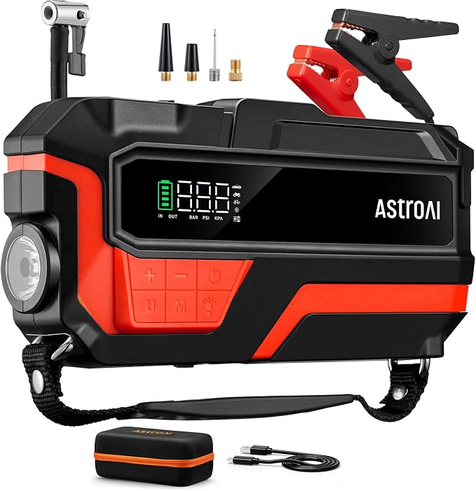 AstroAI M10 6000A 150PSI Car Jump Starter with Air Compressor - 12V Portable Battery Booster (All Gas/12.0L Diesel), Smart Tire Inflator, Heavy-Duty Jumper Cables, Power Bank, LED Light, Storage Case