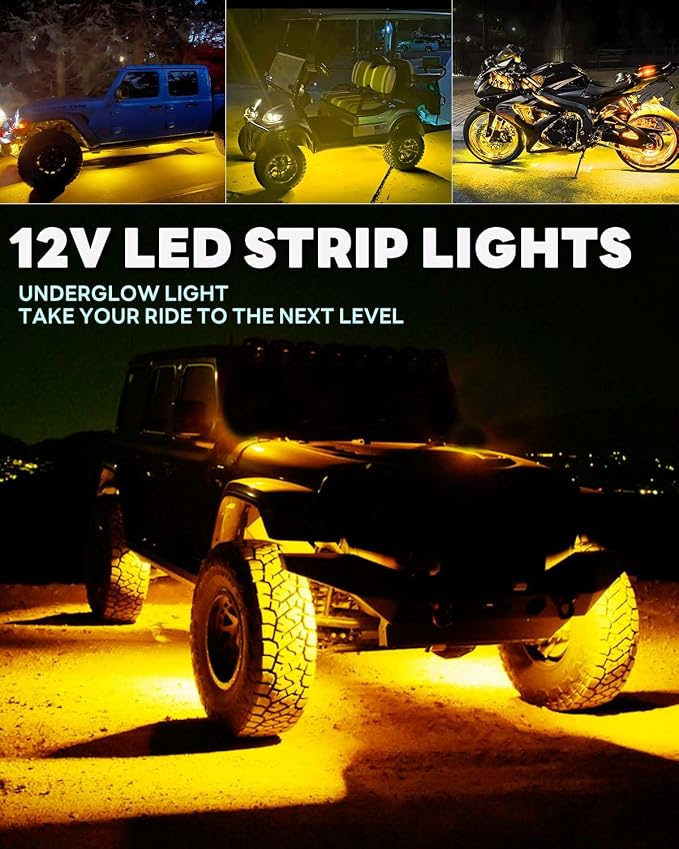 12V Led Light Strip 12.7" Waterproof Amber Led Light Strips for Car Golf Cart Motorcycles Truck Boat Led Strip Lights Yellow,Pack of 4