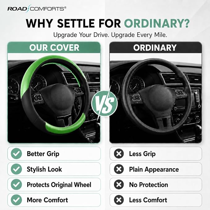 Road Comforts Steering Wheel Cover – Breathable Leather Steering Wheel Cover, Anti-Slip Grip, Universal Fit 14.5” to 15”, Heat & Cold Resistant for Cars, SUVs, and Trucks – Black & Shining Green