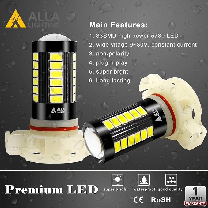 Alla Lighting Super Bright 5202 PS19W LED Fog Light Bulbs PS24WFF 5201 DRL, 6000K Xenon White 2800Lms 12V Replacement 5730 33-SMD LEDs