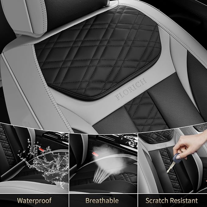 FLORICH Seat Covers, Atomutive Car Seat Covers Full Sets, Waterproof Seat Cover for Cars, Luxury Leather Universal Seat Cover Accessories Fit for Most Cars SUV Truck Sedans(Grey)