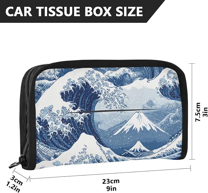 Car Tissue Holder Car Napkin Holder Tissue Box Dispenser Storage Case Sun Visor Mask Holder Accessories with Adjustable Straps Reusable Refillable Deep Blue Wave Pattern Snow Mountain