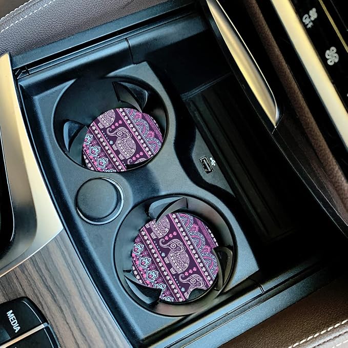 Small 2.56" Absorbent Car Coasters 2 Pack, Auto Cup Holder Accessories, Ceramic Coasters Absorb Spills to Keep Cupholders Clean (Purple Elephant)