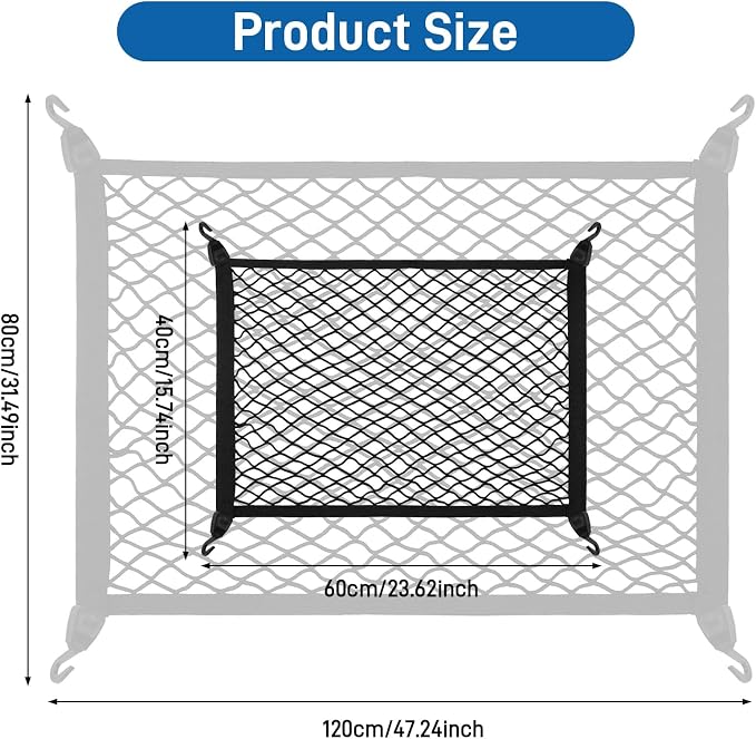 Cargo Net 60×40cm, Car Trunk Net Elastic Nylon Baggage, Car Trunk Net with 4 Hooks, Storage Organizer Car Net for Car Boot Vehicle Van SUV(Black)