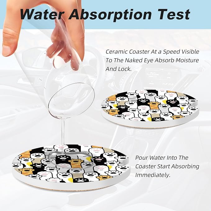 Cute Cat Paws Car Coasters for Cup Holders,2 Pack Car Cup Holder Coasters for Car,Ceramic Absorbent Car Coaster with A Finger Notch and Cork Base,Car Interior Accessories for Women Men