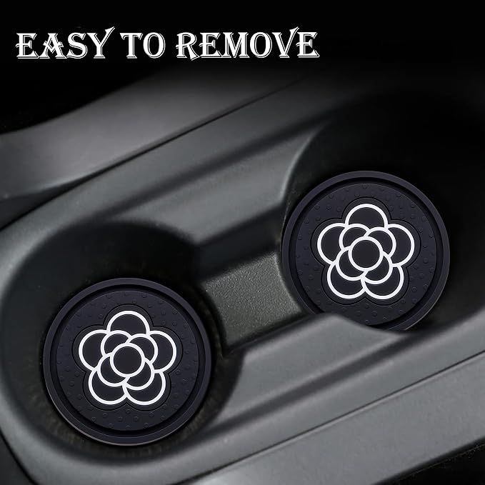 2.75 Inch Car Cup Coaster 2-Pack – Non-Slip Auto Drink Holder Mat – Universal Fit for Women & Girls – Stylish Pink Accessories (Black Flower)