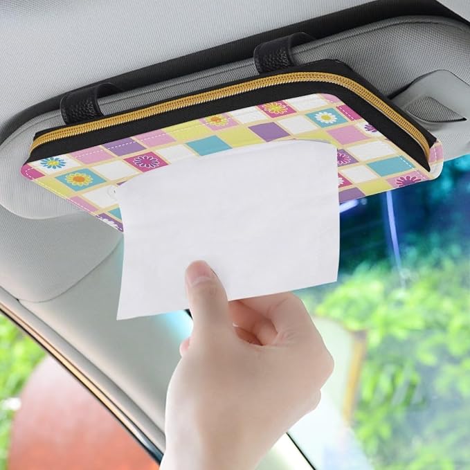 Daisy Color Plaid Car Visor Tissue Box Music Print Car Napkin Holder Daisy Car Mask Holder Tissue Holder PU Leather