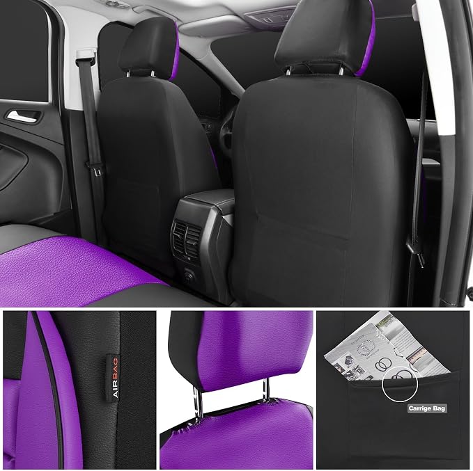 CAR PASS Leather Car Seat Covers Front Seats Only, Universal Fit 3D Foam Support Car Seat Covers for Trucks Vans SUVs Comfortable Automotive Interior Airbag Compatible 2 Pieces (Black Purple