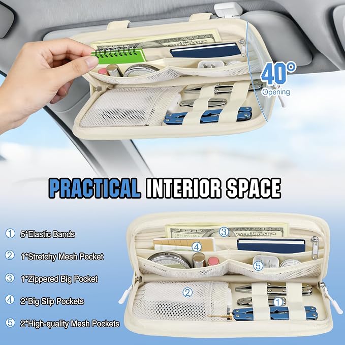 HUANLANG Car Sun Visor Organizer, Tactical Car Accessories with Zipper Storage Pouch, Glasses Clip Card Sleeve Pocket, Multi-Pocket Visor Organizer Fits Most Cars, SUVs, Trucks