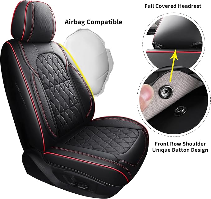 Aierxuan Leather Car Seat Covers 360° Coverage Full Set, Black-Red | Protector Universal Fit Ford Focus Hyundai Elantra Honda Civic Toyota Corolla Nissan Murano Altima Rogue