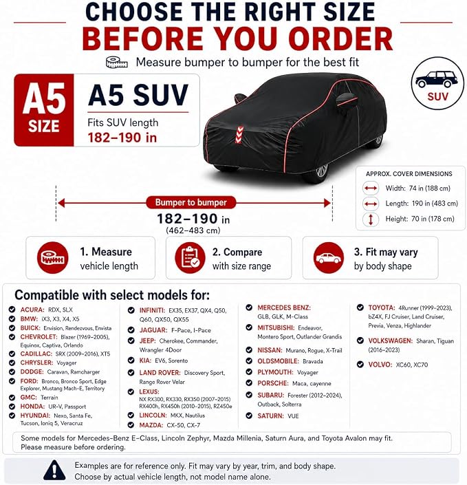 SUV Car Cover Waterproof All Weather, 8-Point Fastening, Fits 181-190 in | 8-Point Fastening, 120s Quick Setup, 600D Oxford Fabric, All-Weather Protection