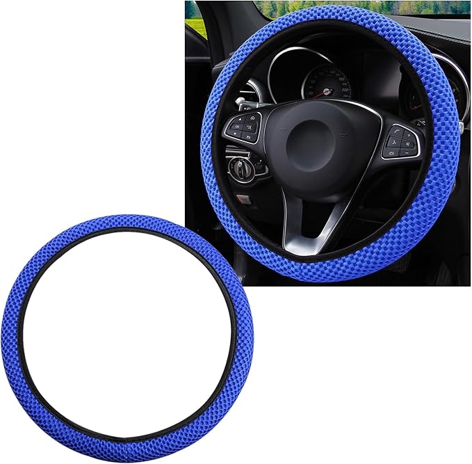 Yourkar Elastic Steering Wheel Cover, 15"×15" Comfy Breathable Stretch Steering Wheel Protector, Ice-Silk Cloth Polyester Steering Wheel Cover for Men Women, Car Accessories (Blue)