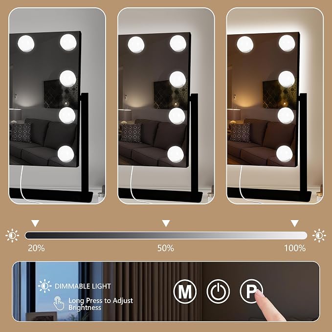 Ratsamee Black Hollywood Vanity Mirror with Lights, 9 Dimmable Bulbs, 3 Color Lights,Make Up Lighted Mirror, 10x Magnification 360°Rotation(12" x 14")