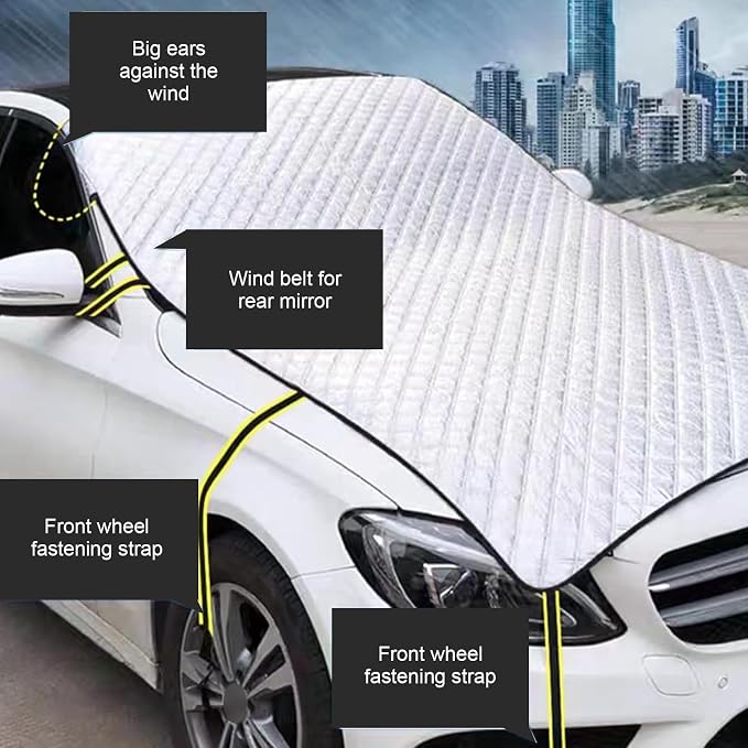 Shakas Car Half Car Cover Sunshade, Sunscreen Heat Insulation Thickened Wind Resistant Front Windshield Hood Sunshade, Four Seasons Universal Accessory, Suitable for Most Sedans, SUVs, MPVs (Silver)