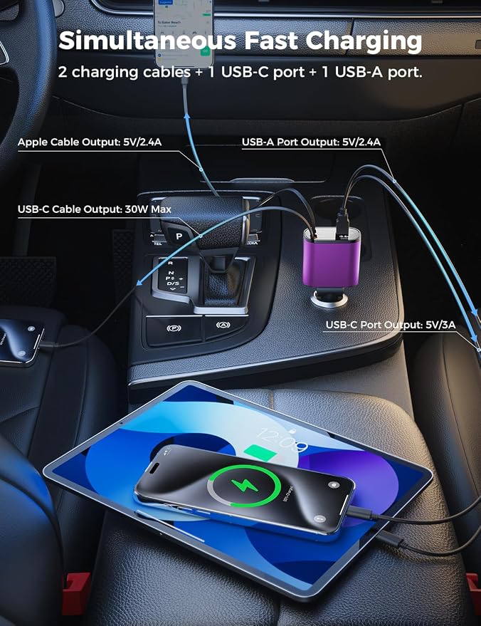 SUPERONE [Upgraded] Retractable Car Charger 4 in 1 Fast Car Phone Charger | USB C and Apple Multi Car Adapter with Cord 2.6ft, Compatible with iPhone 17 16 15/15 Pro Max/14/13/12/11, Galaxy, Pixel