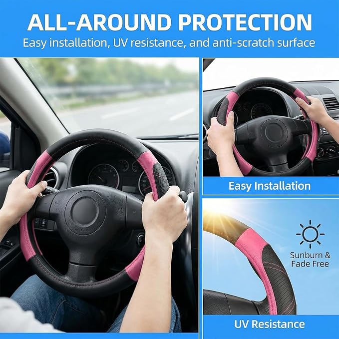 Osilly Car Steering Wheel Cover, 14.5-15" Leather Breathable Anti-Slip Stylish Steering Wheel Protector, Comfortable Auto Interior Decoration Accessories, Universal for SUV Van Truck (Black Pink)
