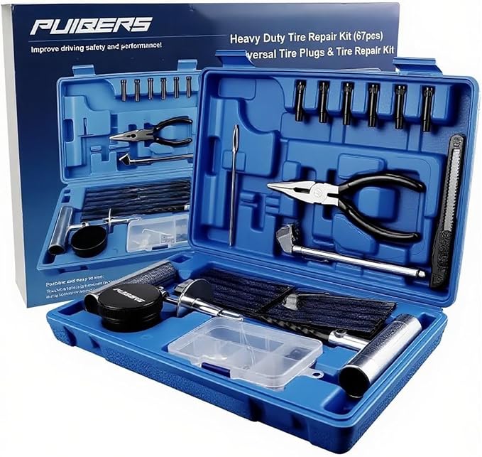 Tire Plug Kit Heavy Duty Professional - 67 Pcs Tire Repair Kit with Plugs for Car, Truck, SUV, Motorcycle, Semi Truck, Tractor, RV & ATV - Tire Repair Tools to Fix Punctures
