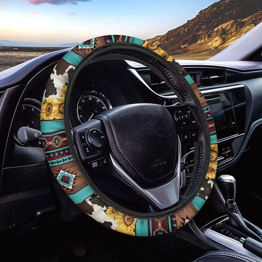 Wanyint Aztec Sunflower Cow Print Blue 15 Inches Car Steering Wheel Covers Universal Auto Accessories Car Interior Decoration for Women Men