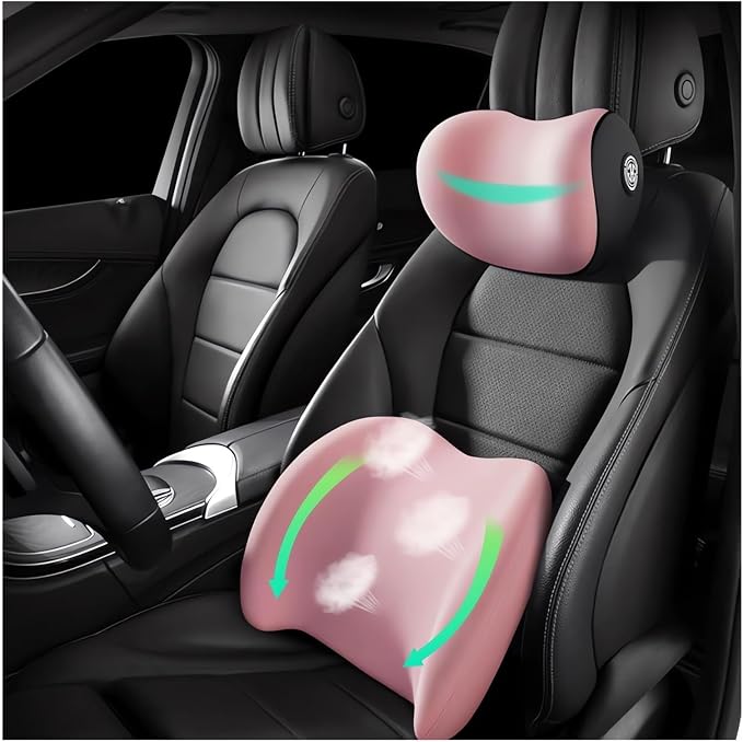 Car Headrest & Lumbar Support Cushion Ergonomic Car Seat Neck Back Rest Pillows Orthopedic Memory Foam Head Rest and Lower Lumbar Support Pillow Set Backrest Driving Seat Office Chair Support (Pink)