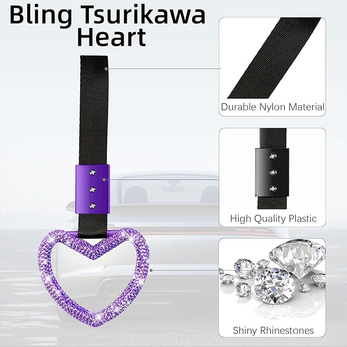 NBTEPEM Bling Heart Handle Ring Bling Car Accessories for Women Handle Strap Drift Charm Rear Bumper Warning Ring Decor Tsurikawa Heart for Car Interior Exterior Decoration (Purple, Heart Style)