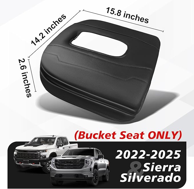 Muslogy Center Console Armrest Cover Fit for Chevy Silverado & GMC Sierra 1500 2500 3500 2022-2026 Accessories, Comfort Armrest Pad Console Lid Cushion Vegan Leather 1-Inch Extra Thick(Bucket Seat)