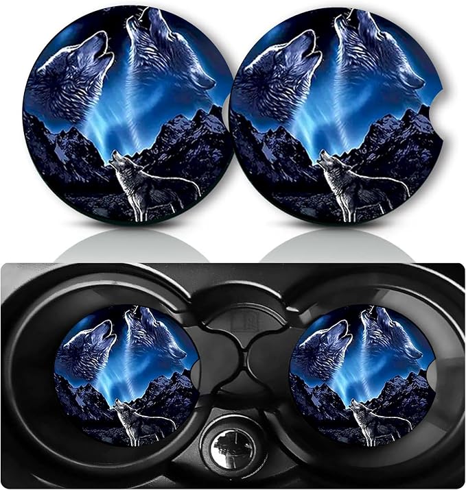 2Pcs Wolf Car Coasters,2.75" Neoprene Rubber Cars Cup Holder Coasters | Universal Non‑Slip Mat, Drink Coaster Decor Auto Accessories Wolfs Loves Gifts for Women,Men,Mom