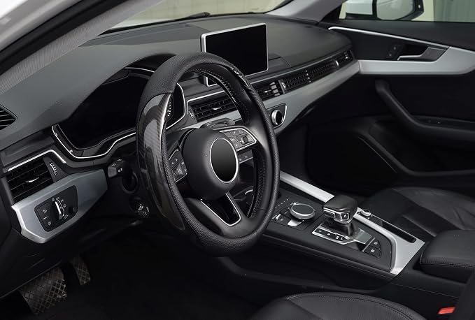 KAFEEK Carbon Fiber Steering Wheel Cover for Men, Car Accessories, Black | Universal 15 Inch Sporty & Thin Cover, Lychee Textured Leather, Side Carbon Fiber Accent