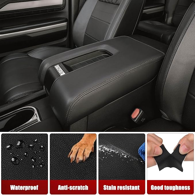 Car Center Console Cover Replacement for Toyota Tundra 2014 2015 2016 2017 2018 2019 2020 2021, Vinyl Leather Armrest Uhpholstery, Anti-Scratch, Black (Leather Part Only)