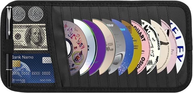 CD Visor Holder for Car, Large Capacity CD & DVD Visor Case, Vehicle Visor Storage Organizer with 12 Disc Sleeves, 1 Mesh Pocket 1 Pen Holder and & Elastic Band (Black)